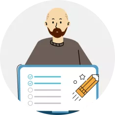 Illustration of a person behind a screen with a pencil icon on it.