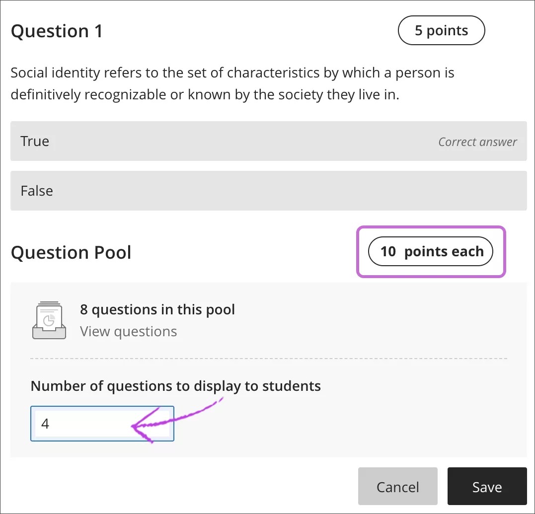 Edit view of a test showing a question pool.