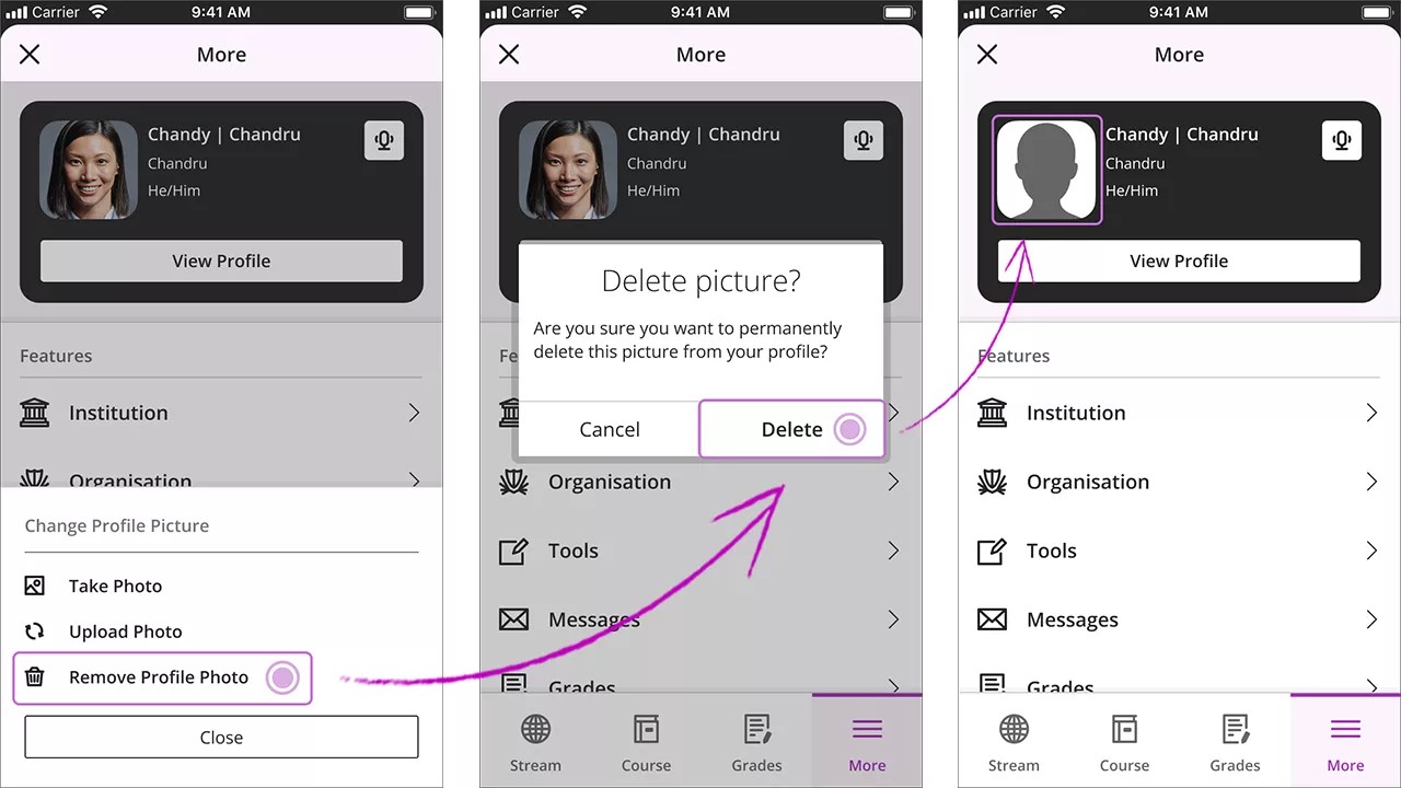 The "More" panel is opened with 1) the profile picture selected, 2) the "Remove Profile Photo" option selected and highlighted, and 3) the "Delete" option selected.