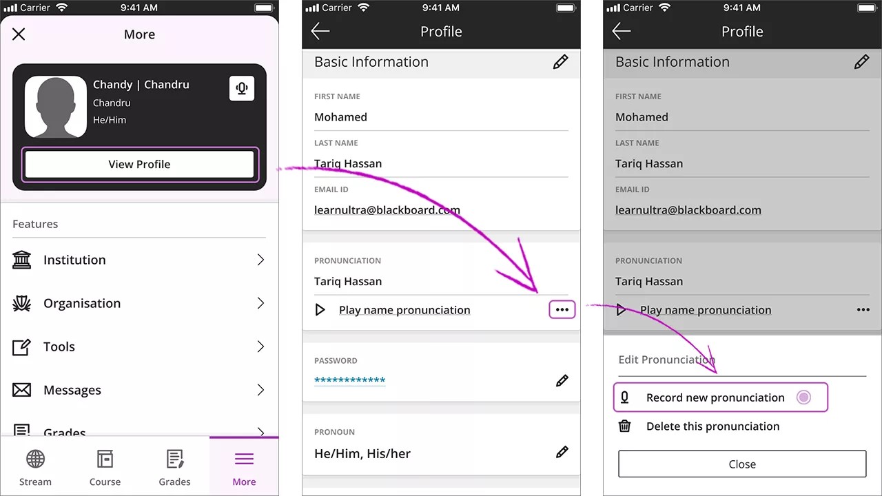 The "View Profile" option is selected. The "Profile" panel is opened with 1) the three horizontal dots menu in the "Pronunciation" section is highlighted and selected, and 2) the "Record new pronunciation" option is selected and highlighted.