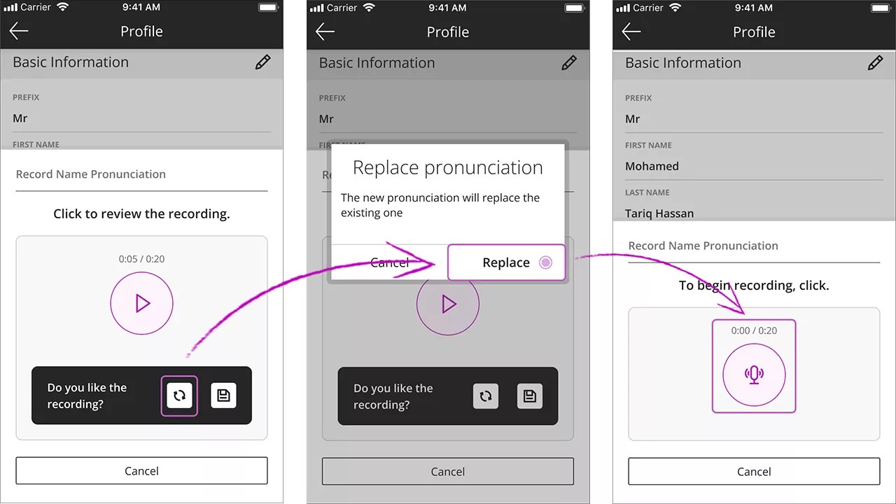 The "Record name pronunciation" section is opened with the 1) "Replace" button selected and highlighted, and 2) the microphone icon highlighted. 