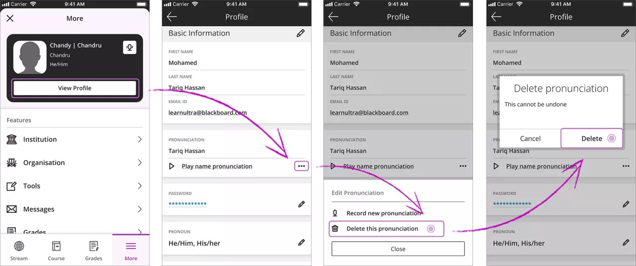 The "View Profile" option is selected. The "Profile" panel is opened with 1) the three horizontal dots menu in the "Pronunciation" section is highlighted and selected, and 2) the "Delete this pronunciation" option is selected and highlighted, and 3) the "Delete" confirmation button is selected and highlighted.