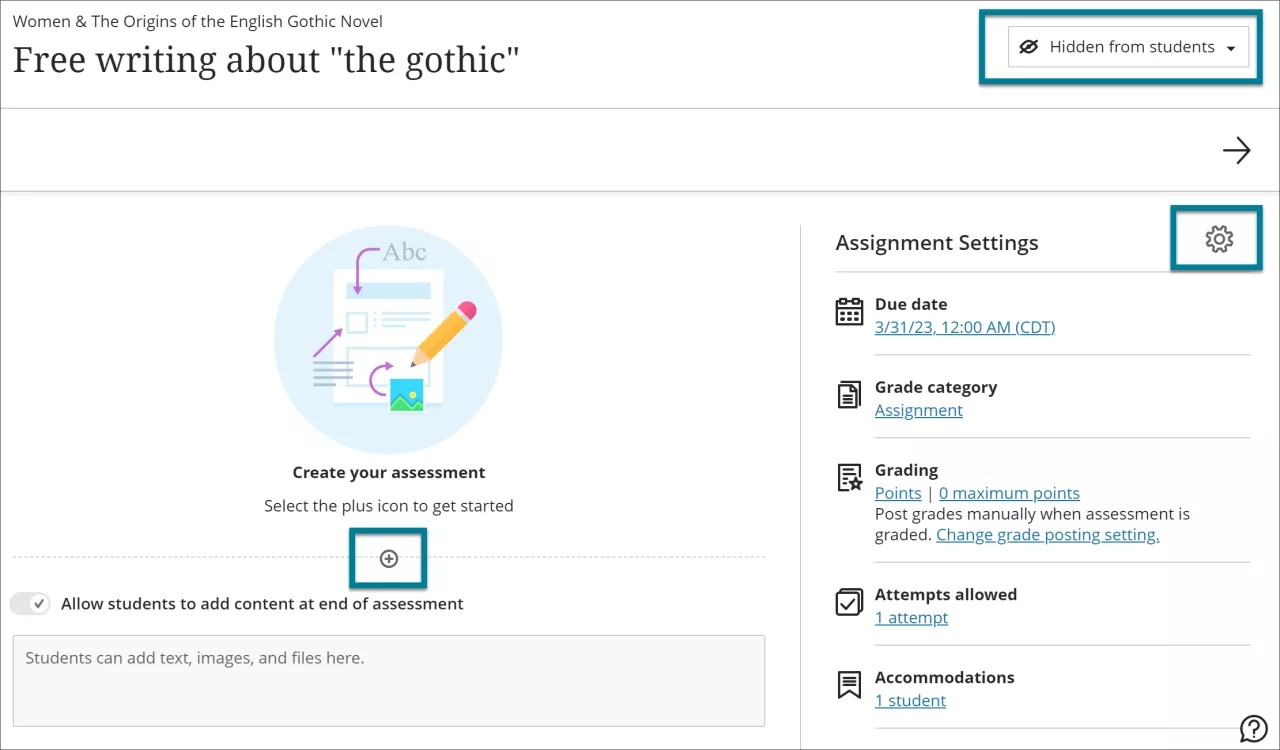 Image of new assignment page with boxes drawn around three areas to customize assignment: 1. Create content, 2. Student visibility, and 3. Assignments settings