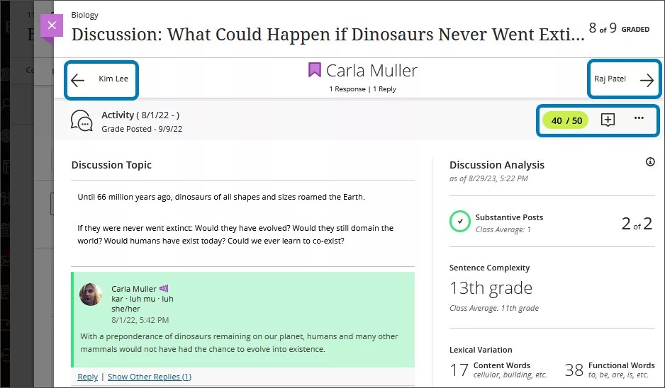 Image of a discussion page for a student named Carla Muller, with the arrows to view other student discussions highlighted, as well as the options for grading and leaving feedback