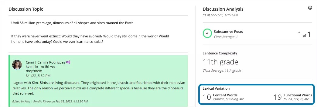 Image of a student's discussion page, with a lexical variation word count highlighted