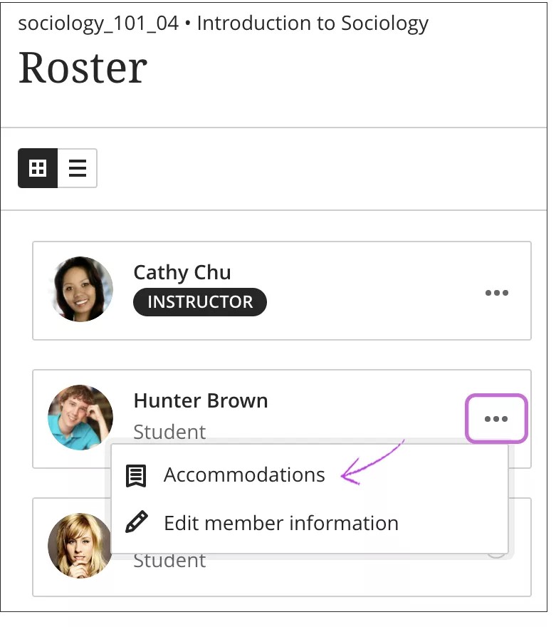 Accomodations option in the menu for a student on Roster page