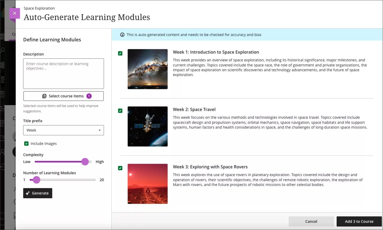 3 generated learning modules on the Auto-Generate Learning Modules panel are selected