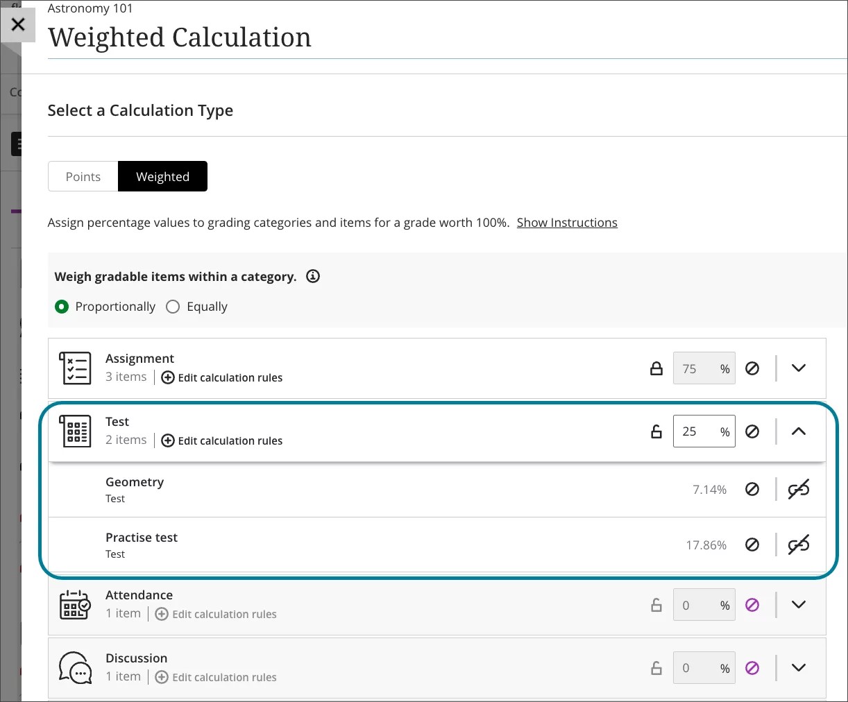  Instructor view of the new proportional weighted calculation option. Instructors can see what percentage each item in the category contributes to the overall category weighting 