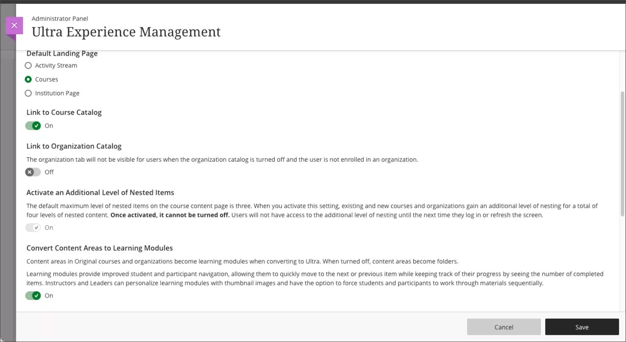 Ultra Experience Management page in the Admin panel, showing the option to Convert Content to Learning Modules at the bottom