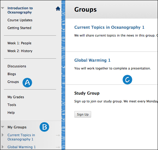 Screenshot of 'Groups' menu with A through C. 'A' highlights the groups button. 'B' highlights the 'My Groups' button. 'C' highlights an example group. 