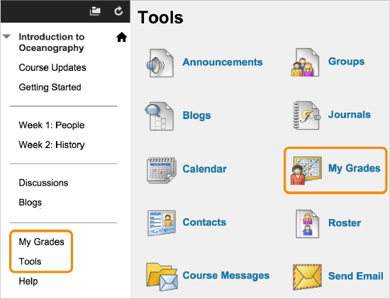 Screenshot of the tools menu, which is shown to be found under "My Grades." Within the tools menu, an option for "My Grades" is also highlighted.