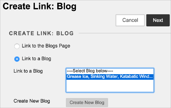 Blackboard course screenshot: Selecting a blog from the 'Create Link: Blog' menu