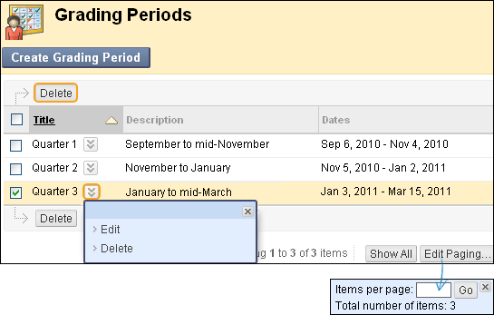 On the Grading Periods page, you can sort, edit, and delete grading periods. To sort a column, select the heading. If many grading periods exist, select Show All to display all on one page. Select Edit Paging to change the number of items to view per page.