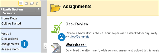 Screenshot of the assignments folder with two steps. Step 1 highlights the left side of the window showing course information such as "discussions, assignments, assessments." Step 2 highlights the content of assignments and reads "book review" and "worksheet 1."