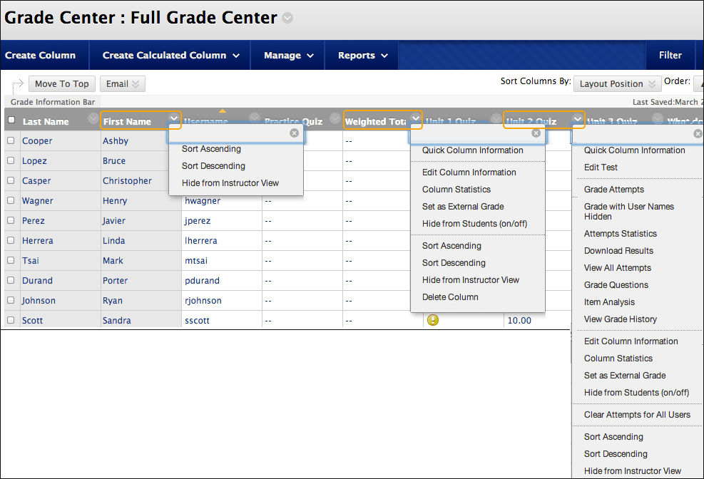 Each column's menu displays options that are specific for that column.