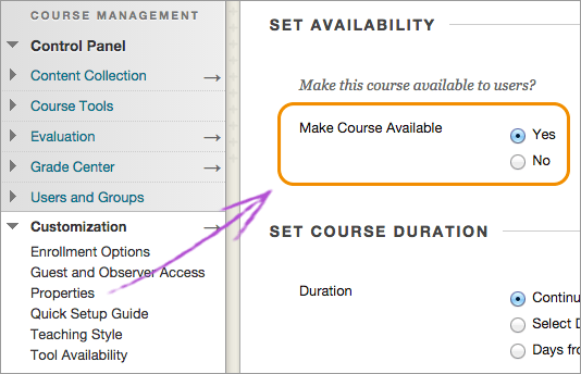 Set course availability