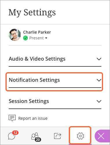 My Settings panel with audio, video, notification, and session settings visible. Notification settings is highlighted.