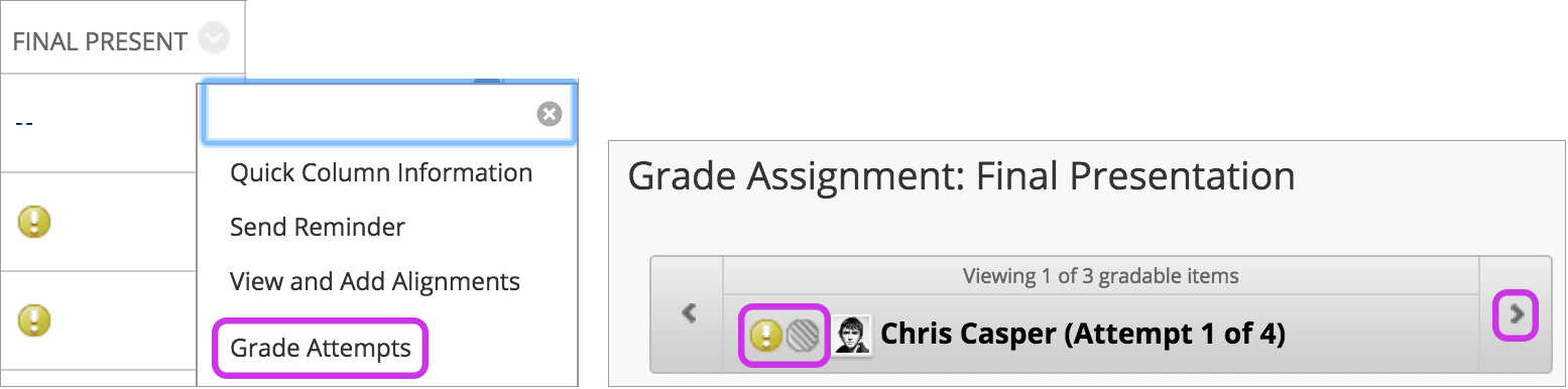 A list expanded from the 'Final Presentation' column with 'Grade Attempts' highlighted in one image and another image having the gradable items with the yellow and grey icons highlighted