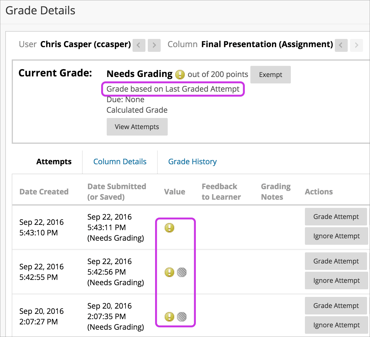 Example of multiple attempts in the Grade Details page