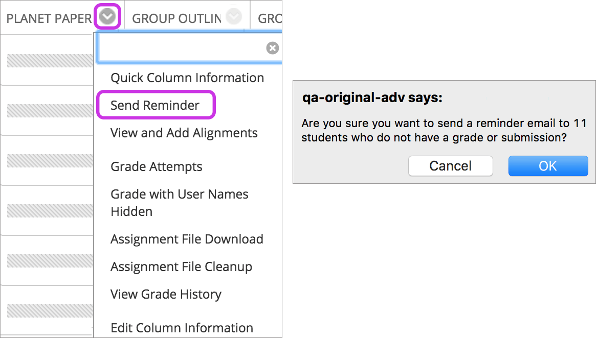 You can also send reminders for assignments with anonymous or delegated grading enabled. To protect anonymity, students' names and attempt statuses aren't revealed.