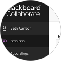 Collaborate scheduler menu that includes user profile, sessions, and recordings.