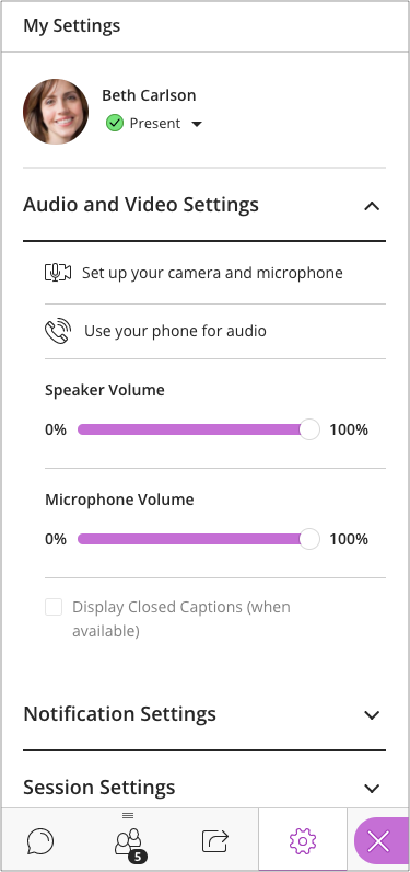 My Settings panel where you control audio, video, notification, and session  settings.