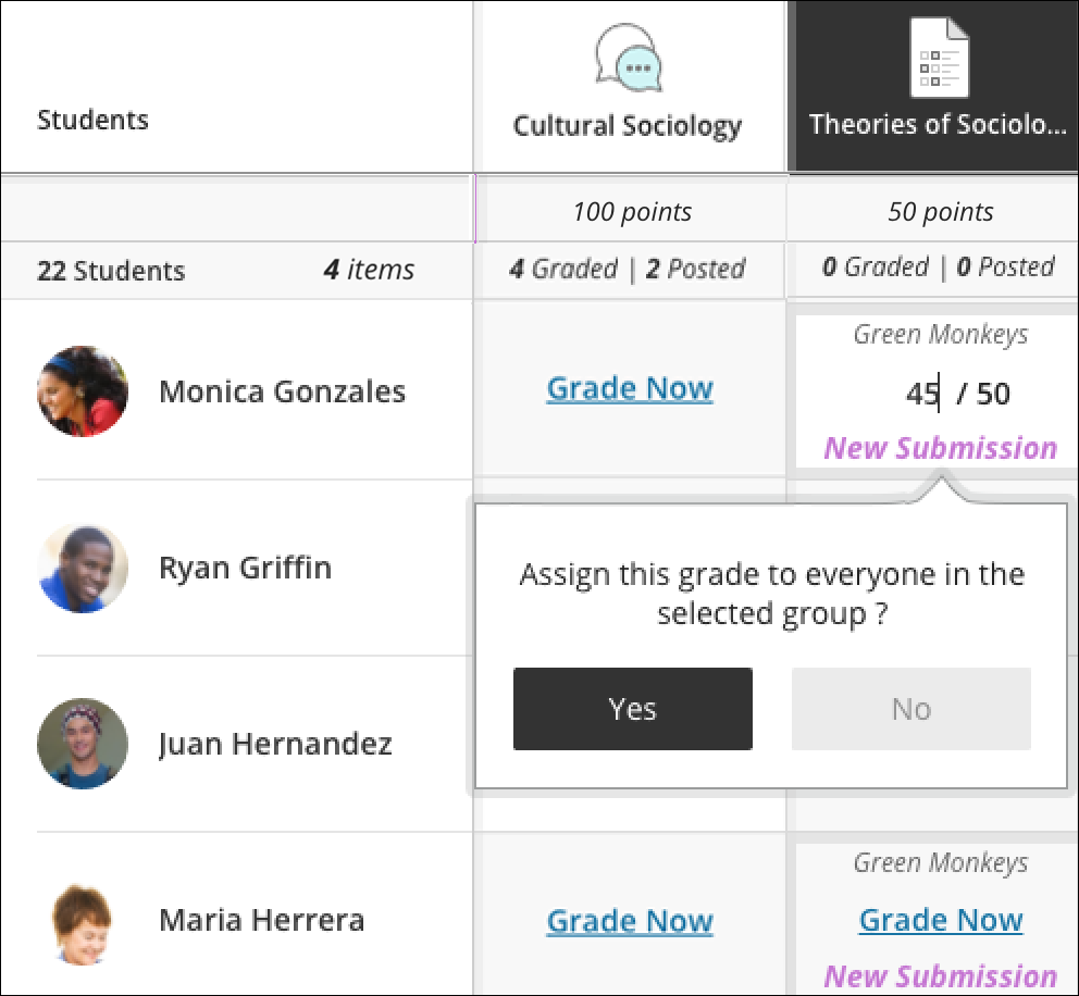 The Gradebook grid view is open with 1) an example of how to give a grade displayed and 2) the "Assign this grade to everyone in the selected group?" confirmation message on screen.