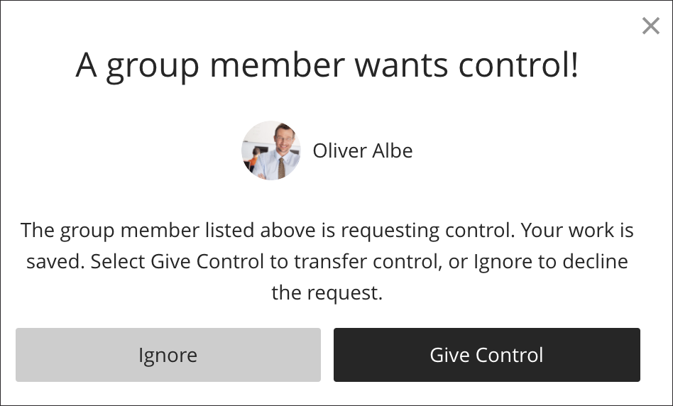 Image of the notification “A group member wants control”