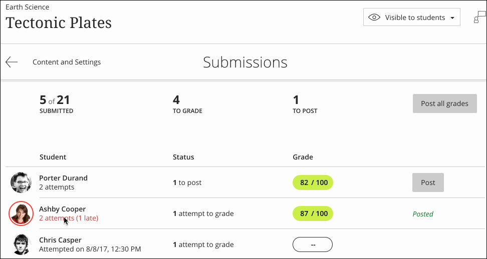 Submission time stamp appears when pointer is over the posted text of multiple attempts