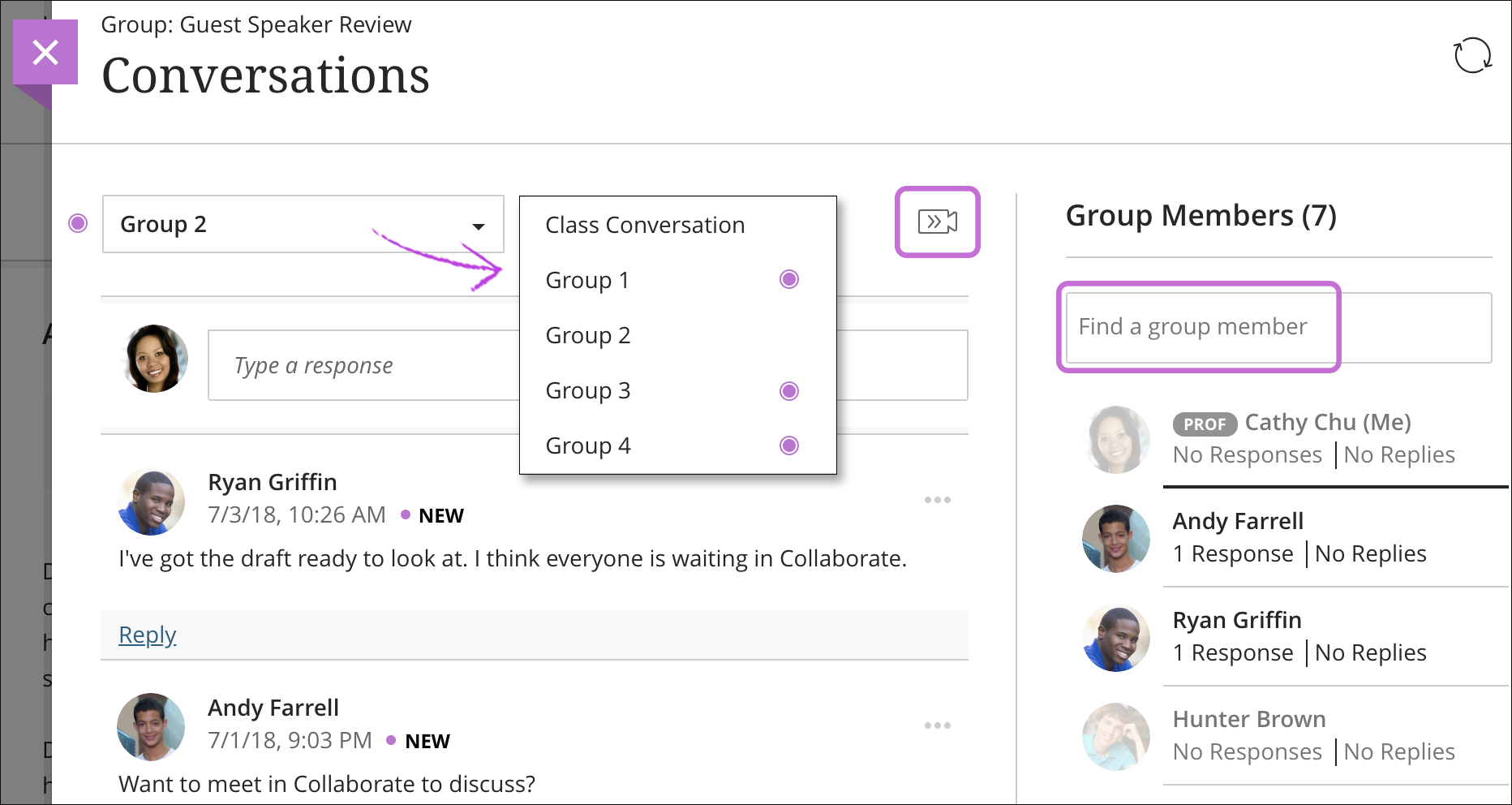 Screenshot of Conversations activated on group assessments