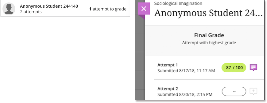 The Gradebook is open with an anonymous student submission selected and the multiple attempts view on screen. A text indicates how many attempts are left to be graded.