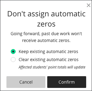 Don't assign automatic zeros confirmation panel.