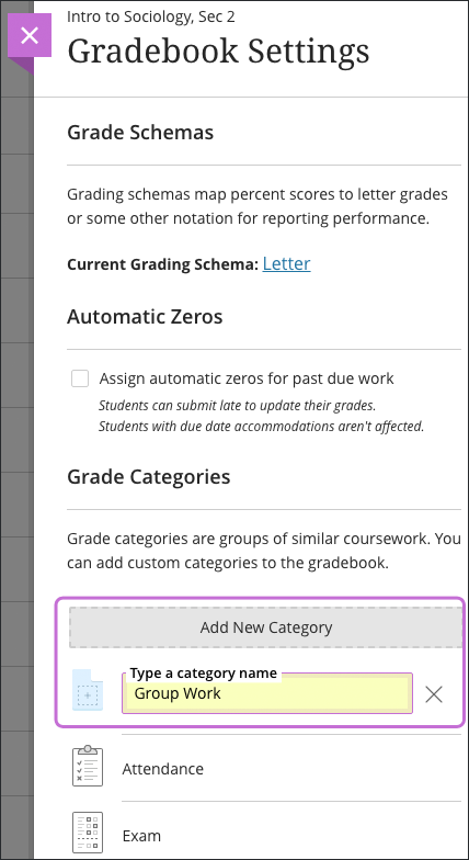 Add new category button in the gradebook settings panel.