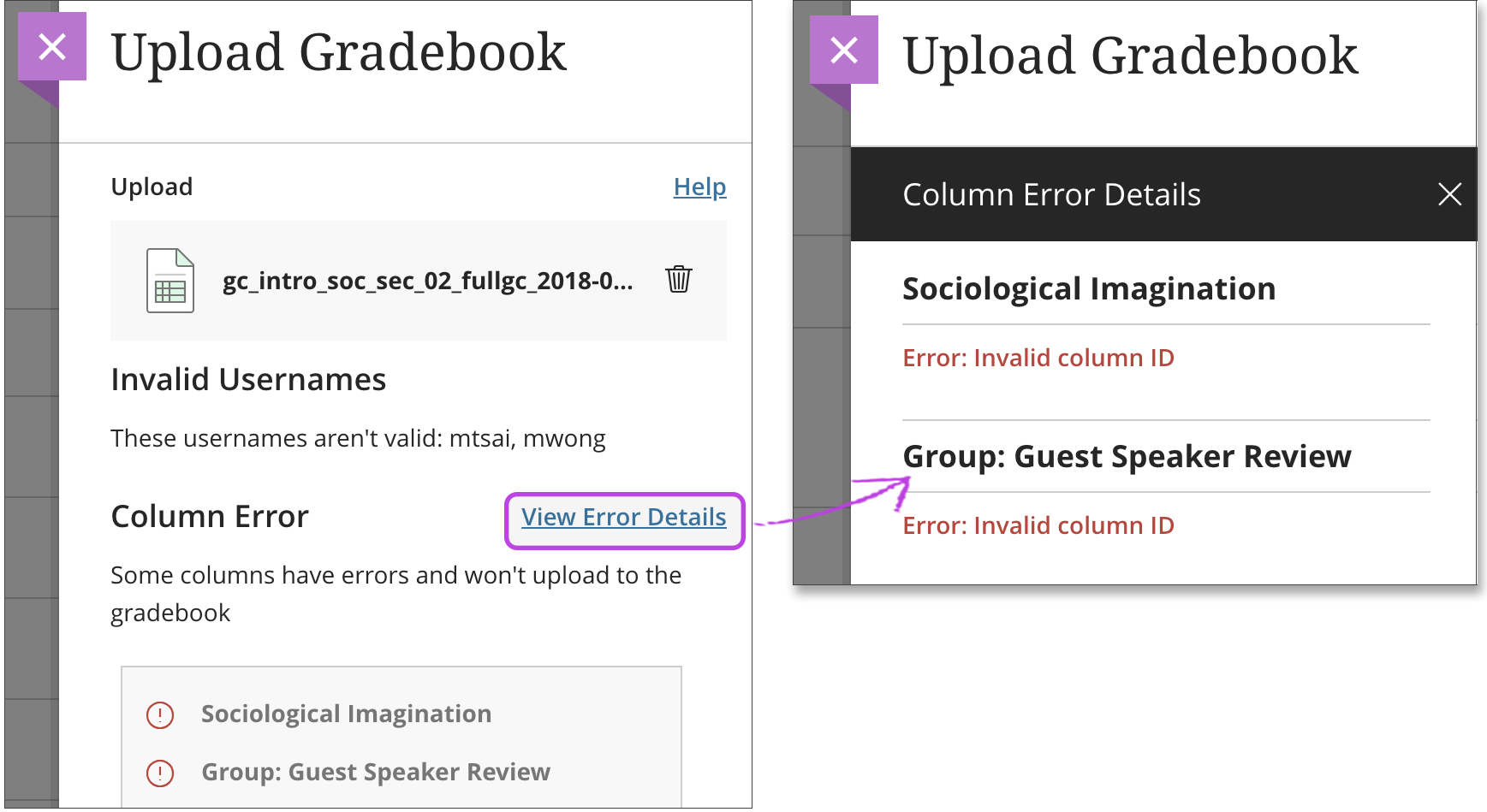 Example of upload gradebook errors