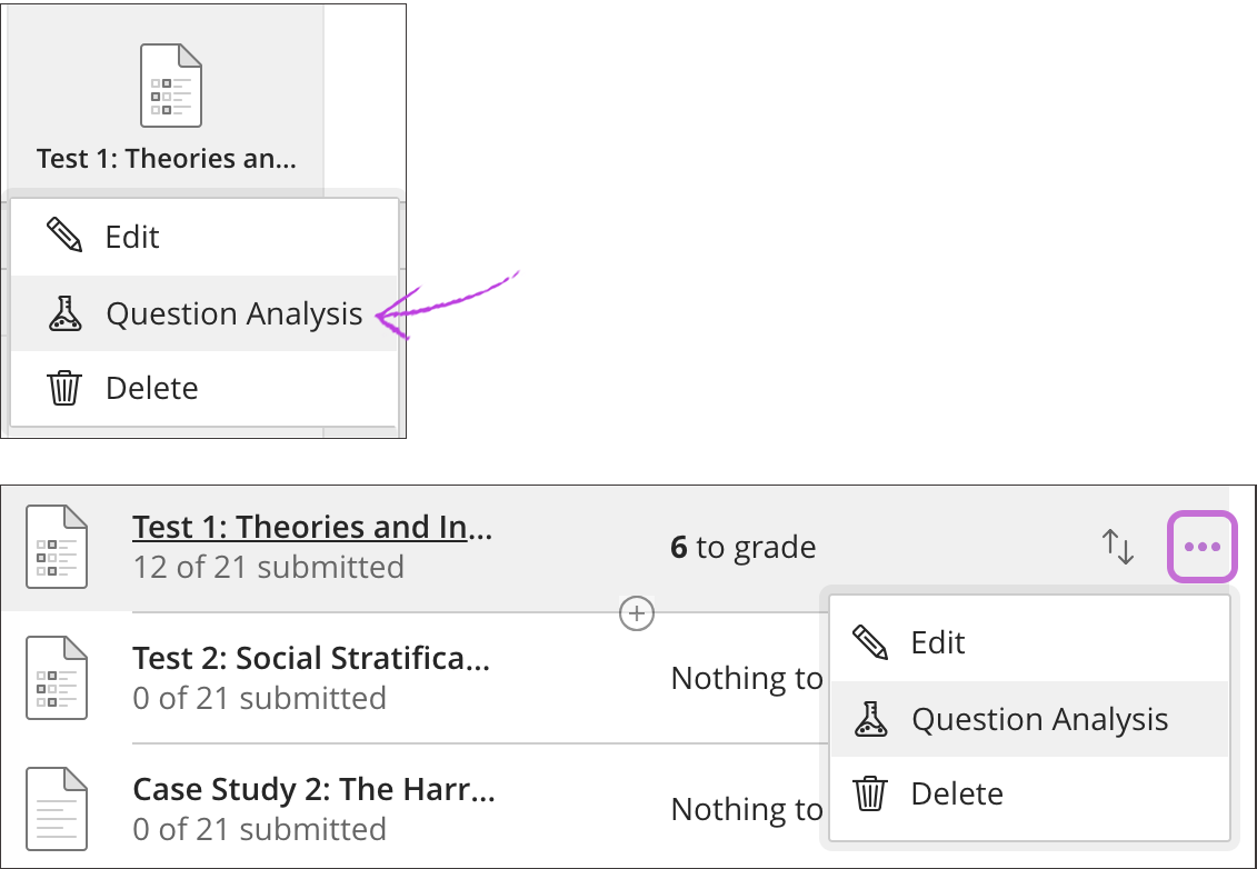 Test options menu open with question analysis option highlighted