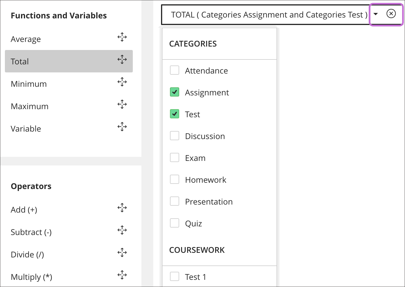 Add functions and variables to gradebook calculations