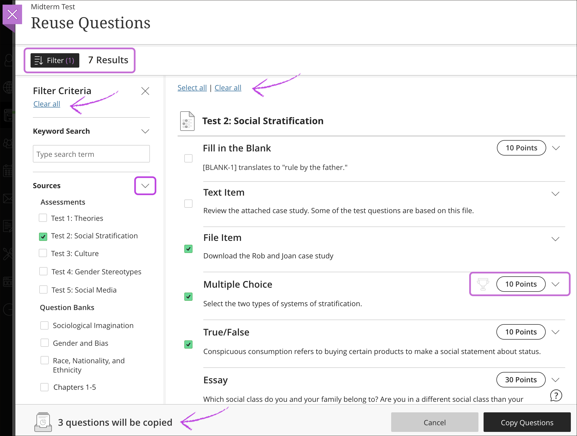 Reuse questions filter panel open highlighting the clear all option.
