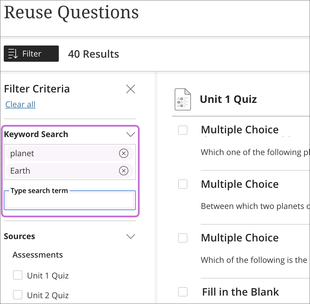 Reuse questions filter panel open highlighting the keyword search section.
