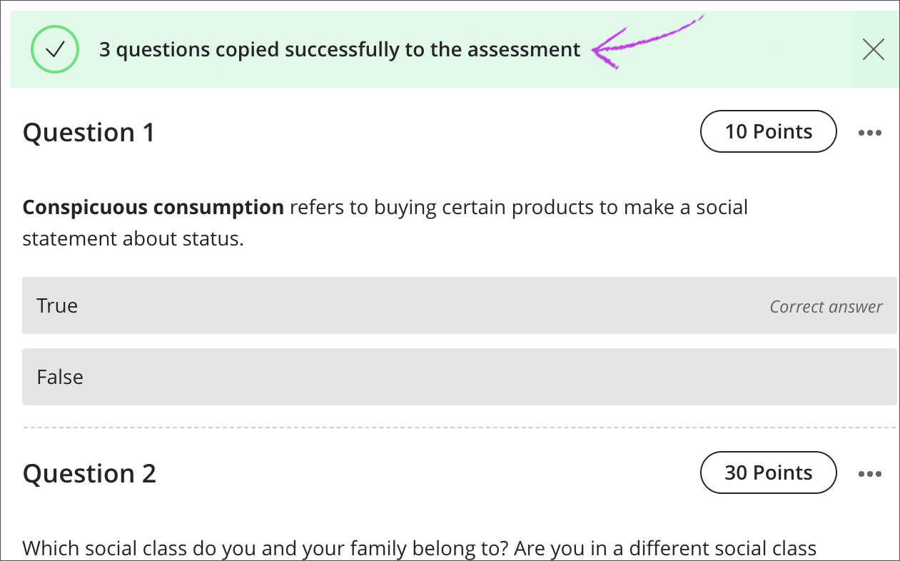 Success message indicating questions copied to the test