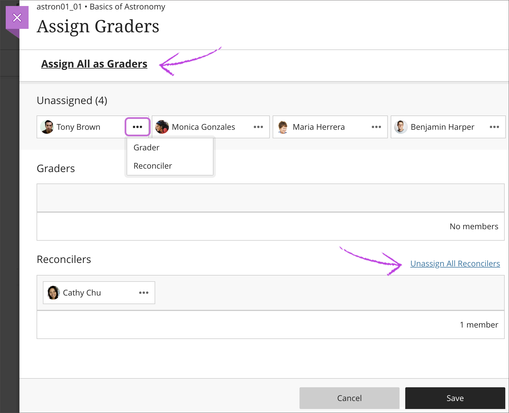 The Assign Graders page is open with 1) the "Assign All as Graders" option highlighted, 2) the three dots menu next to the usernames selected with the "Grader" and "Reconciler" options displayed, and 3) the "Unassigned All Reconcilers" option highlighted.
