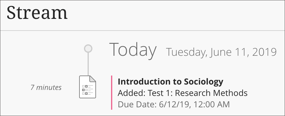 Test notification in a student's activity stream.