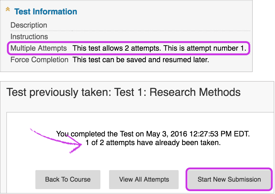 A screenshot of the "Test Information" section and the "Test previously taken" page on Blackboard