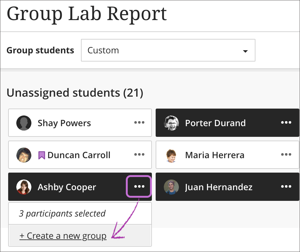 The Groups page is open with 1) the Group students menu on screen and the "Custom" option selected, 2) three student's names clicked, 3) the menu next to the student's name selected, and 4) the  "+ Create a new group" button highlighted. 