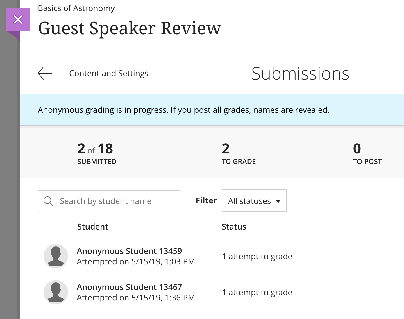 The Submissions page is open with the anonymous submissions list on screen. The notification that indicates the anonymous grading is in progress is displayed.