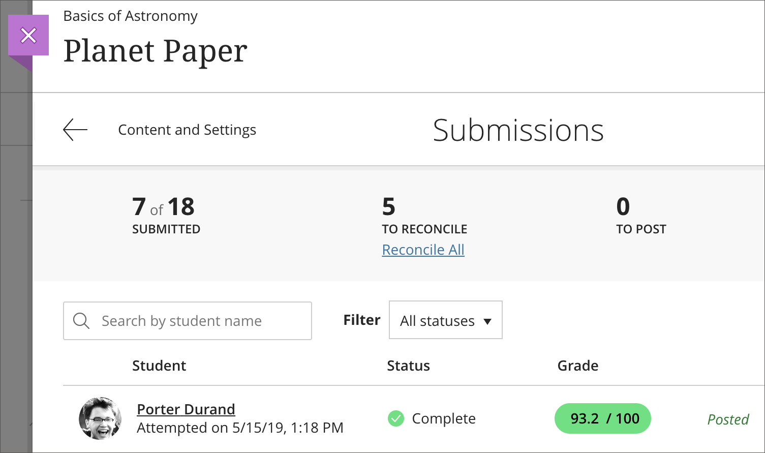 An example submission is open with the "Complete" message displayed, 2) a "93.2/100" grade assigned, and 3) the "Posted" message on screen.