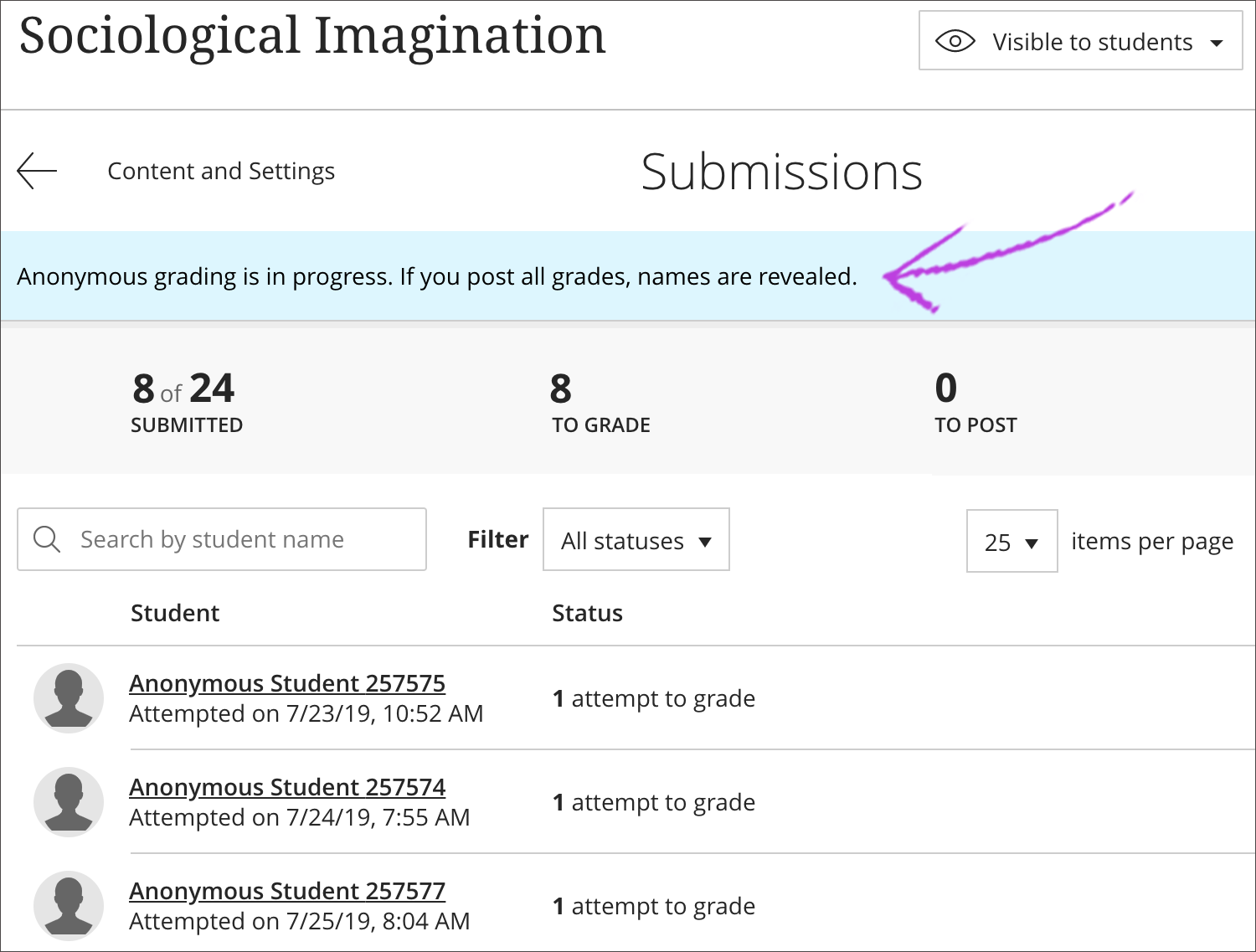 The Submissions page is open with the submission list on screen. The notification that indicates the anonymous grading is in progress is highlighted.