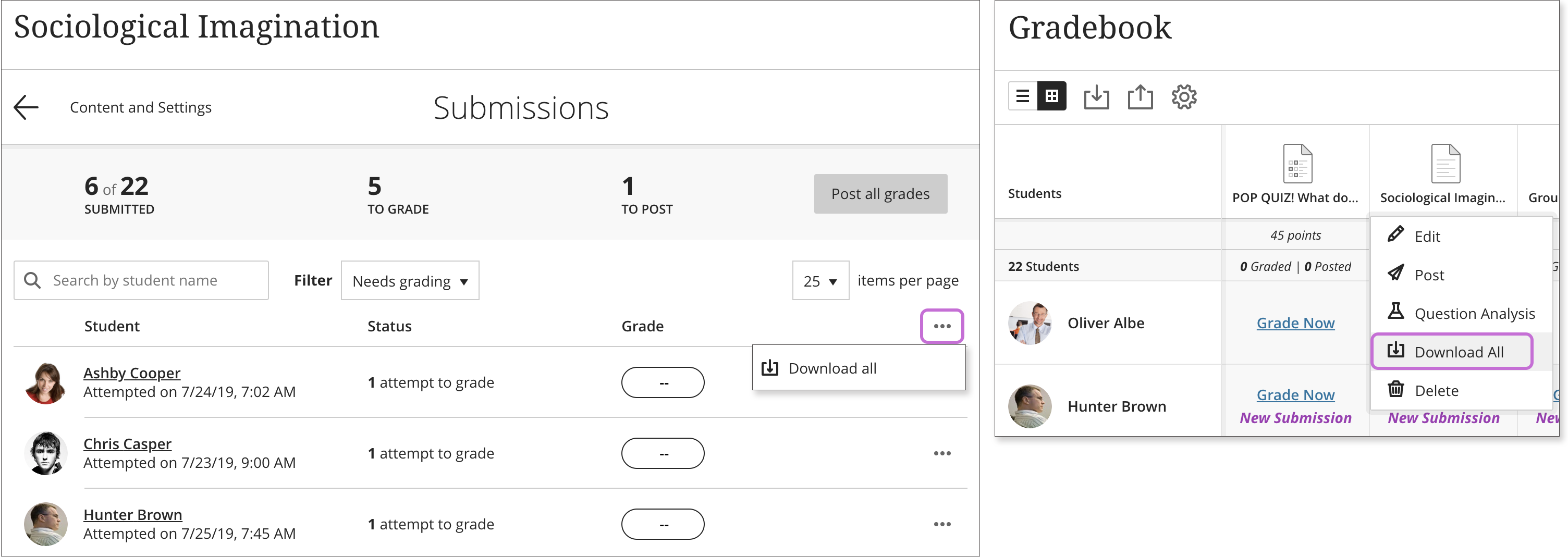 On the left, the Submissions page is open with the three dots menu highlighted and the "Download all" option on screen. On the right, the gradebook's grid view is open with an item's menu on screen and the "Download All" option highlighted.