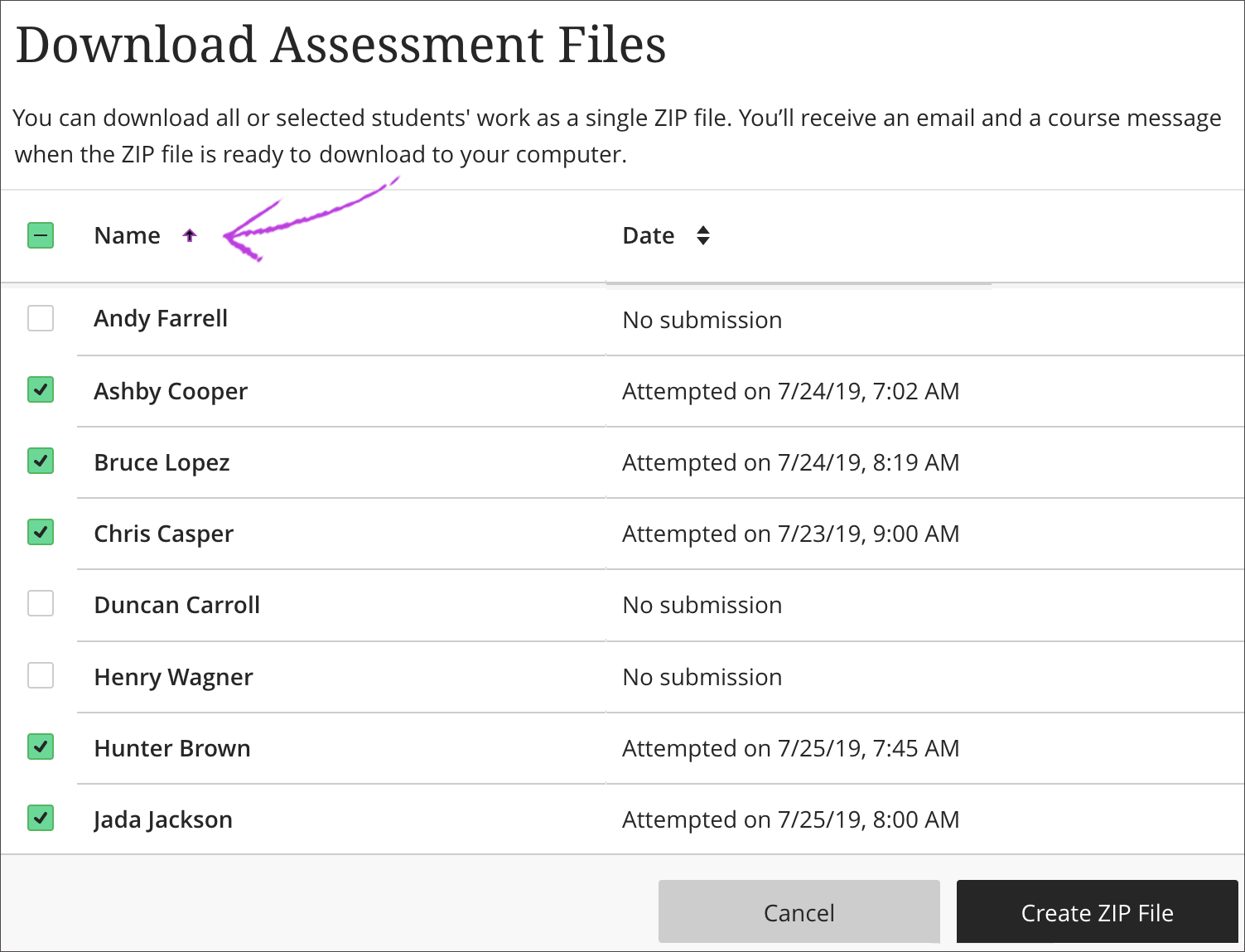 The Download Assessment Files page is open with the checkbox next to the "Name" column clicked and highlighted. The checkbox next to the names of the students who submitted their assessments are selected too.