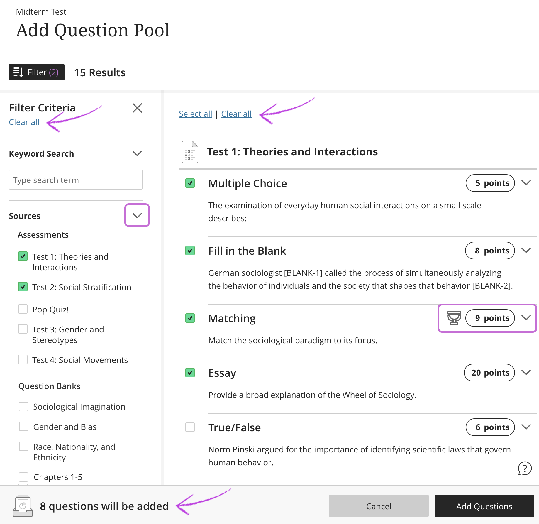 Add question pool panel is open with the filter criteria panel open. The clear all option is highlighted.