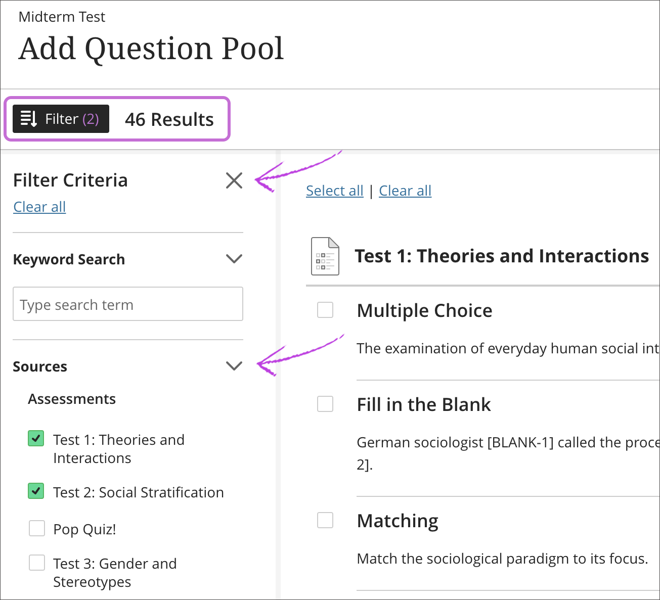 Add question pool panel is open with the filter criteria panel open. The sources section is expanded showing the options.